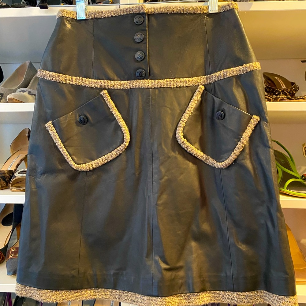 CHANEL Black Leather Tweed Logo Button CC Skirt 42